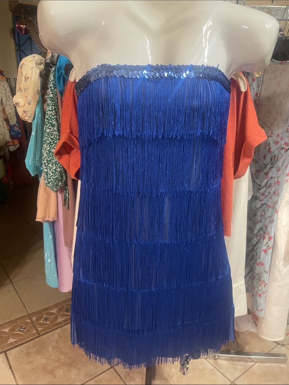 Strapless Fringe Party Dress in Royal Blue